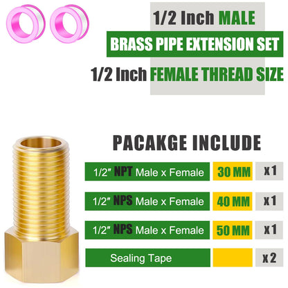 1/2" Brass Pipe Extension Fitting, 1/2" Female to 1/2" Male Pipe Connector Fitting, Brass Hex Bushing Adapter Reducer Adapter for Tub Spout/Shower with Teflon Tape (2PCS), Length 30/40/50MM (3PCS)