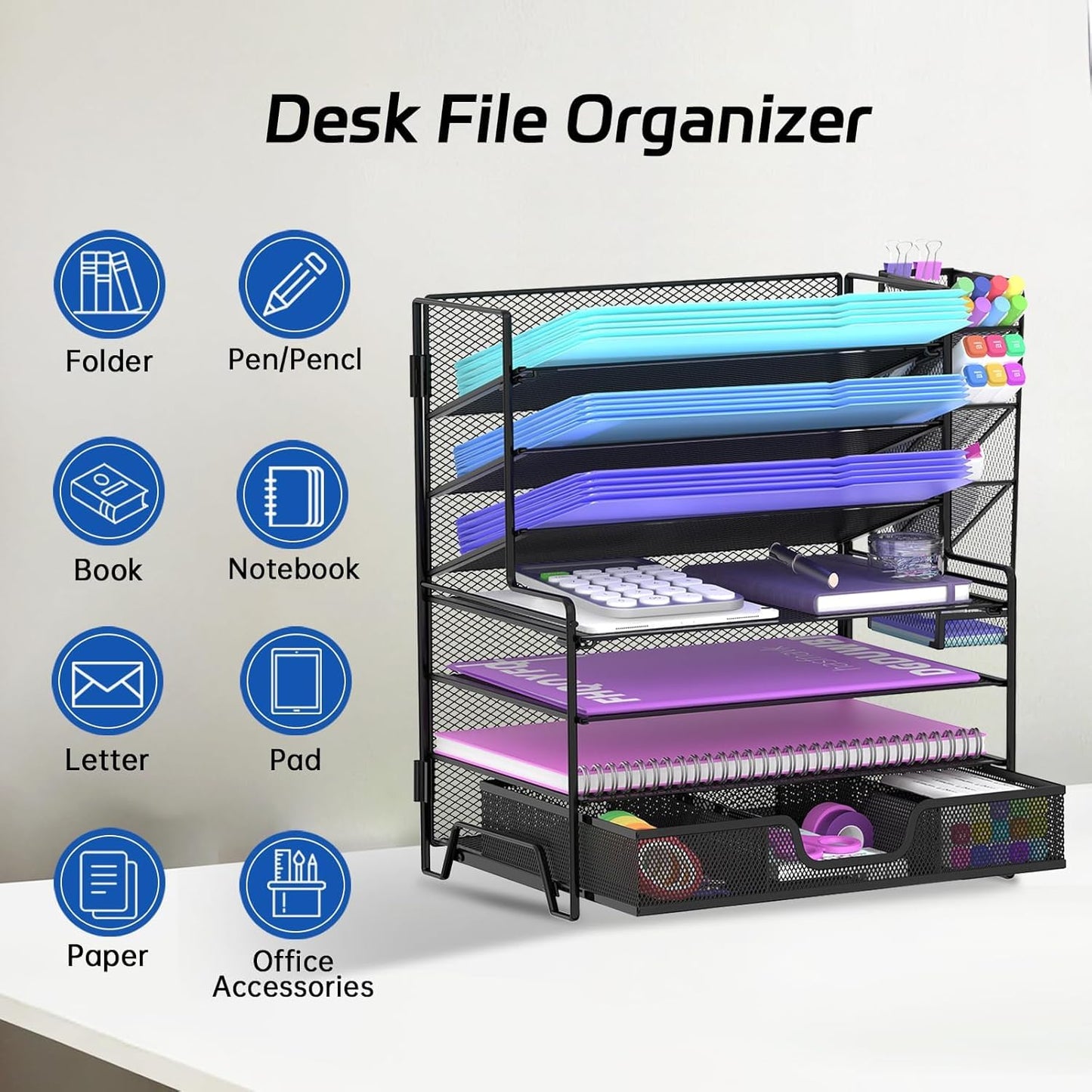 Reeplan 4 Tier Paper Organizer with File Holder and Pen Holder, 7 Tier Desk File Organizer, Desk Organizers and Accessories for Office Home School, Black