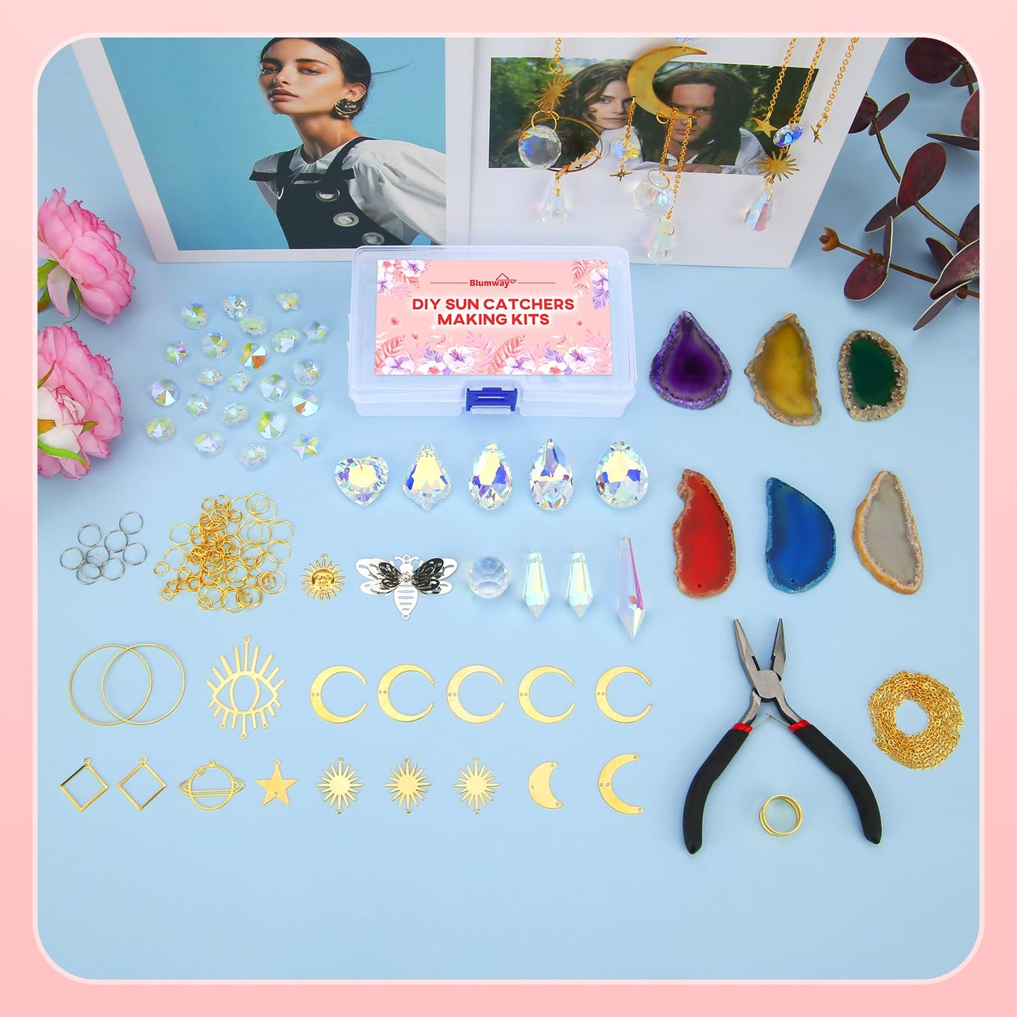 Blumway 168 PCS DIY Sun Catchers Making Kits Craft for Adults,Crystal Suncatcher Indoor Window Hanging with Crystals Light Catcher with Prisms and Agate Slices