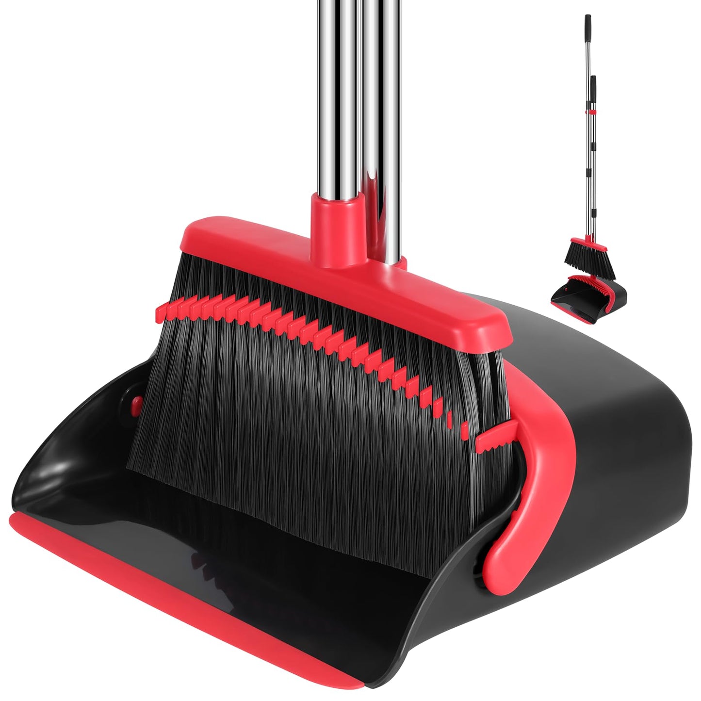 Broom and Dustpan Set, 52-in Long Adjustable Handle Broom Dustpan Combo with Dustpan Teeth to Automatically Clean Hair Suitable for Home Kitchen Office Hall Floor（Black&Red）