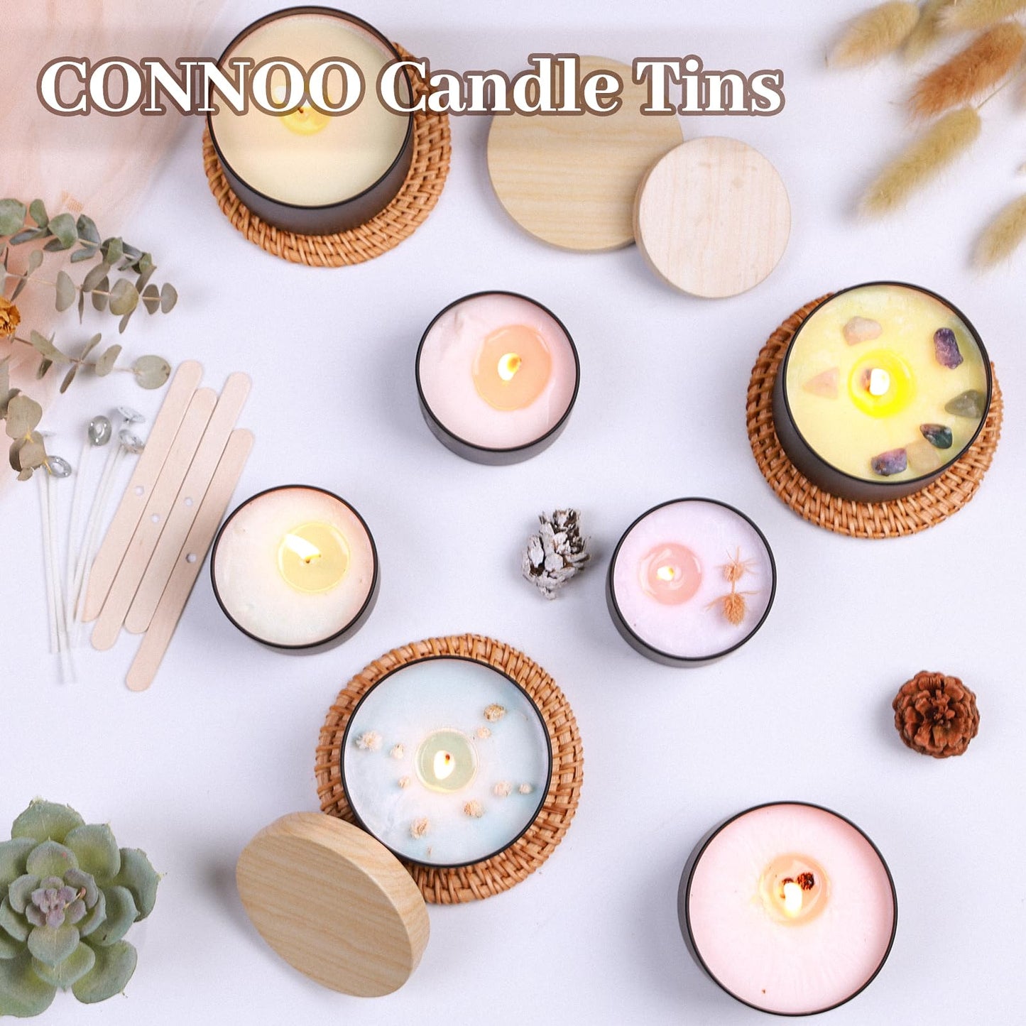 CONNOO 24 Pack Candle Tins, 12pcs 8 OZ & 12pcs 4 OZ Black Jars with Metal Wood-Grain Lids for Making Candles, Bulk Empty Containers for Candle Making, Wick Kit Included