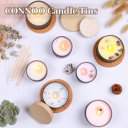 CONNOO 24 Pack Candle Tins, 12pcs 8 OZ & 12pcs 4 OZ Black Jars with Metal Wood-Grain Lids for Making Candles, Bulk Empty Containers for Candle Making, Wick Kit Included