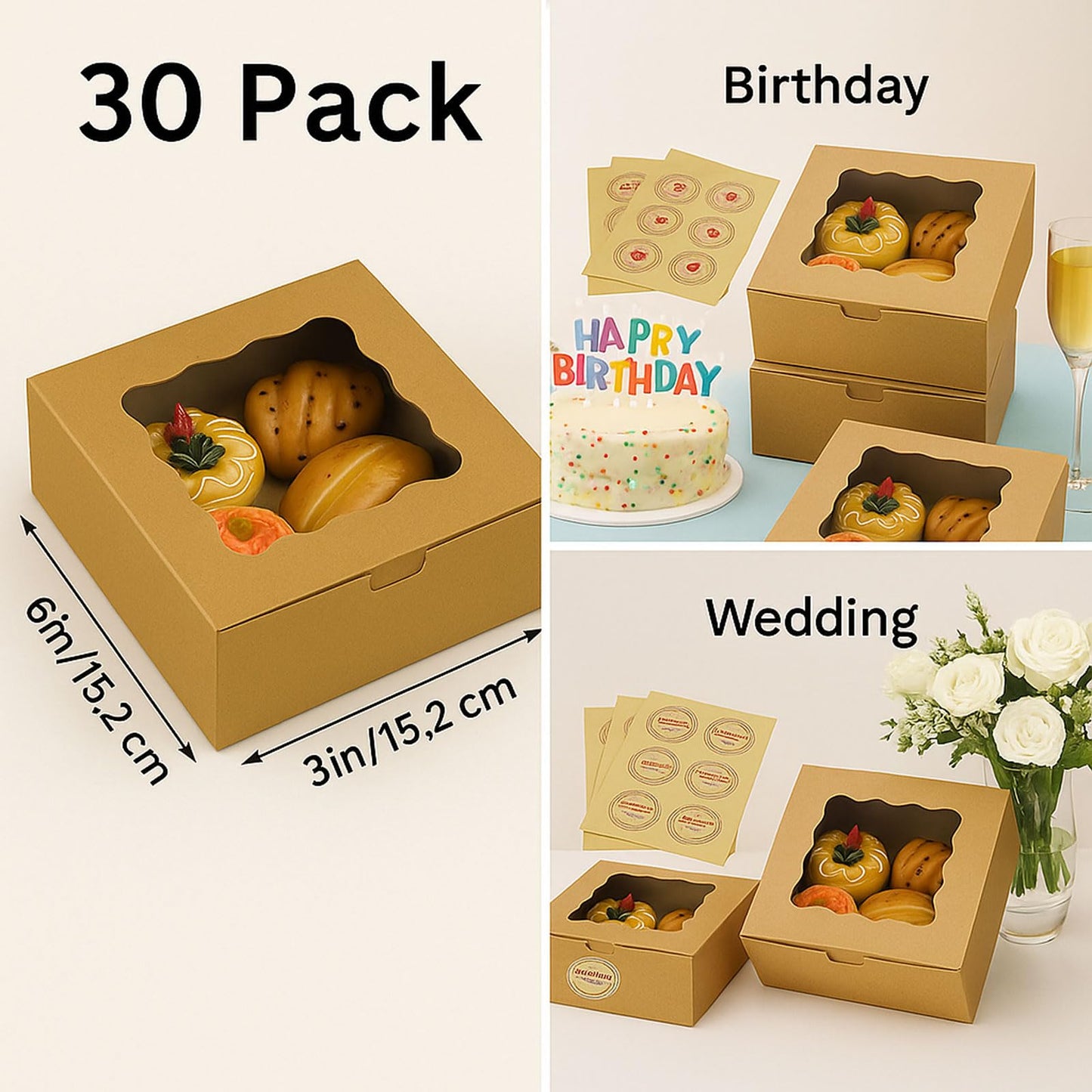 30 Pack Cake Boxes 6X6X3 Inch Small Pastry Box with Clear Window Kraft Cardboard Bakery Box with Stickers Perfect for Cake Treats Donuts,Chocolates,Candies Desserts