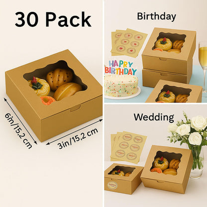 30 Pack Cake Boxes 6X6X3 Inch Small Pastry Box with Clear Window Kraft Cardboard Bakery Box with Stickers Perfect for Cake Treats Donuts,Chocolates,Candies Desserts