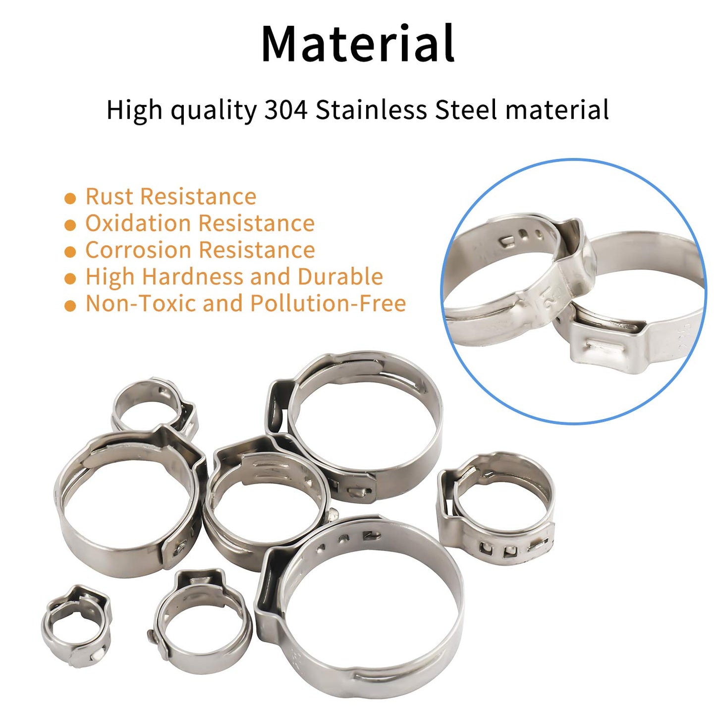 Yaegoo 200Pcs 5.8-21mm 304 Stainless Steel Single Ear Stepless Hose Clamps Assortment Kit - 10 Kinds of Size