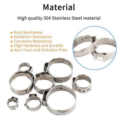Yaegoo 200Pcs 5.8-21mm 304 Stainless Steel Single Ear Stepless Hose Clamps Assortment Kit - 10 Kinds of Size