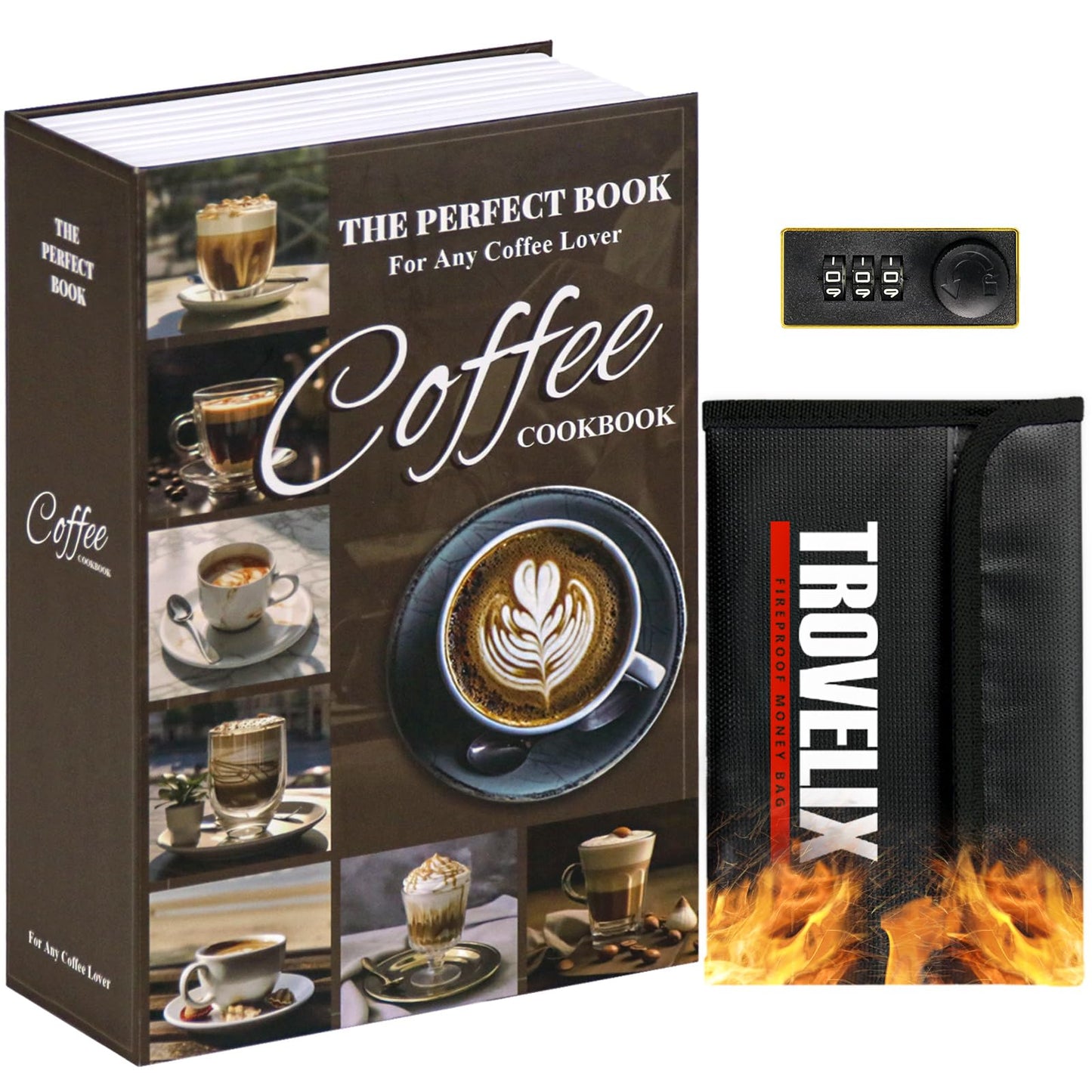 Book Safe with Combination Lock, Hidden Safe (9.5 x 6.2 x 2.2 Inch) with Fireproof Bag, Secret Diversion Safe, Hollow Book Box Hidden Storage, Money Safe Box for Cash (COFFEE)