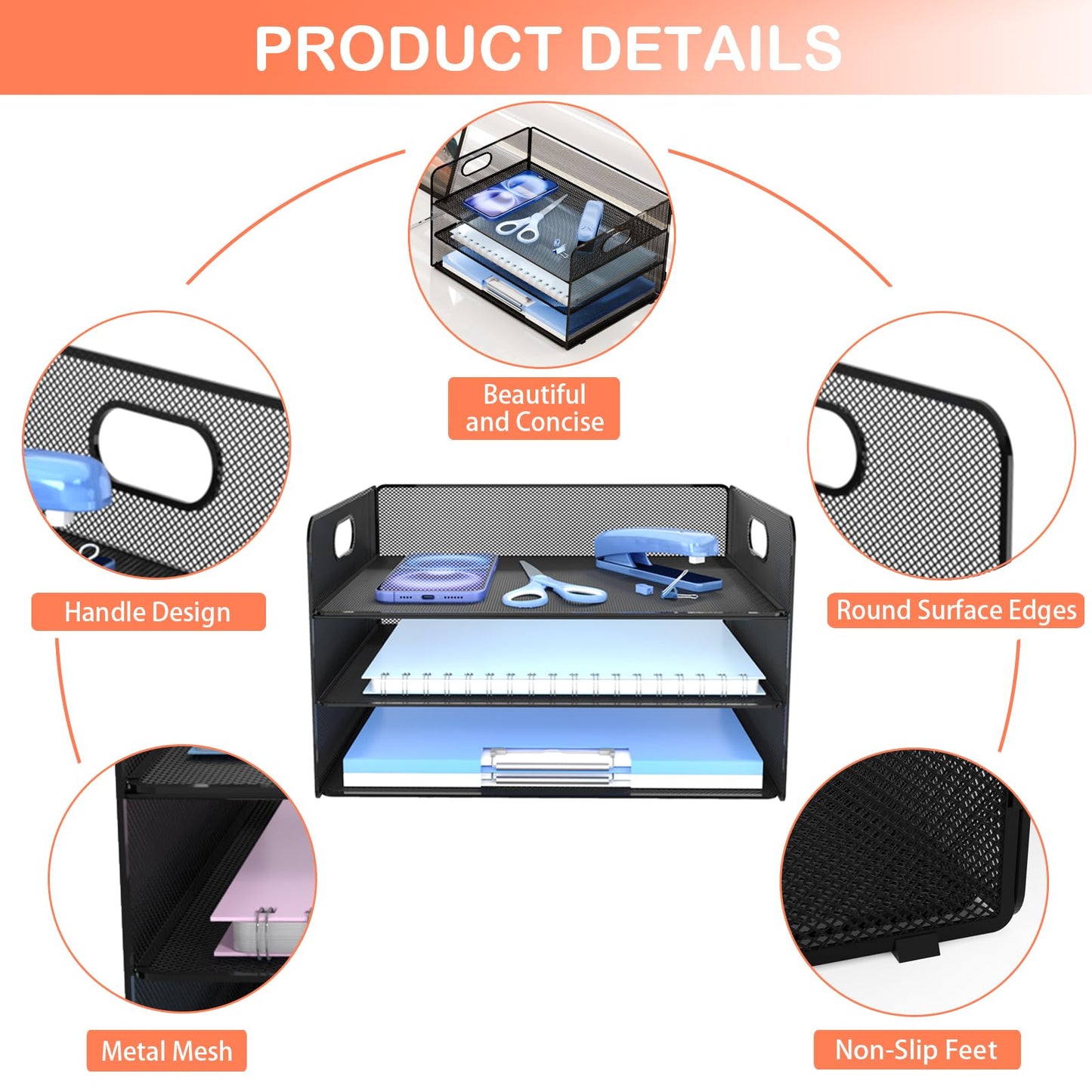 Desk Organizer, 3-Tier Letter Paper Tray Organizer, Desk Organizers and Accessories, Mesh Desktop File Organizer and Storage for Office Supplies (3 Tier Desk Organizer-Black)