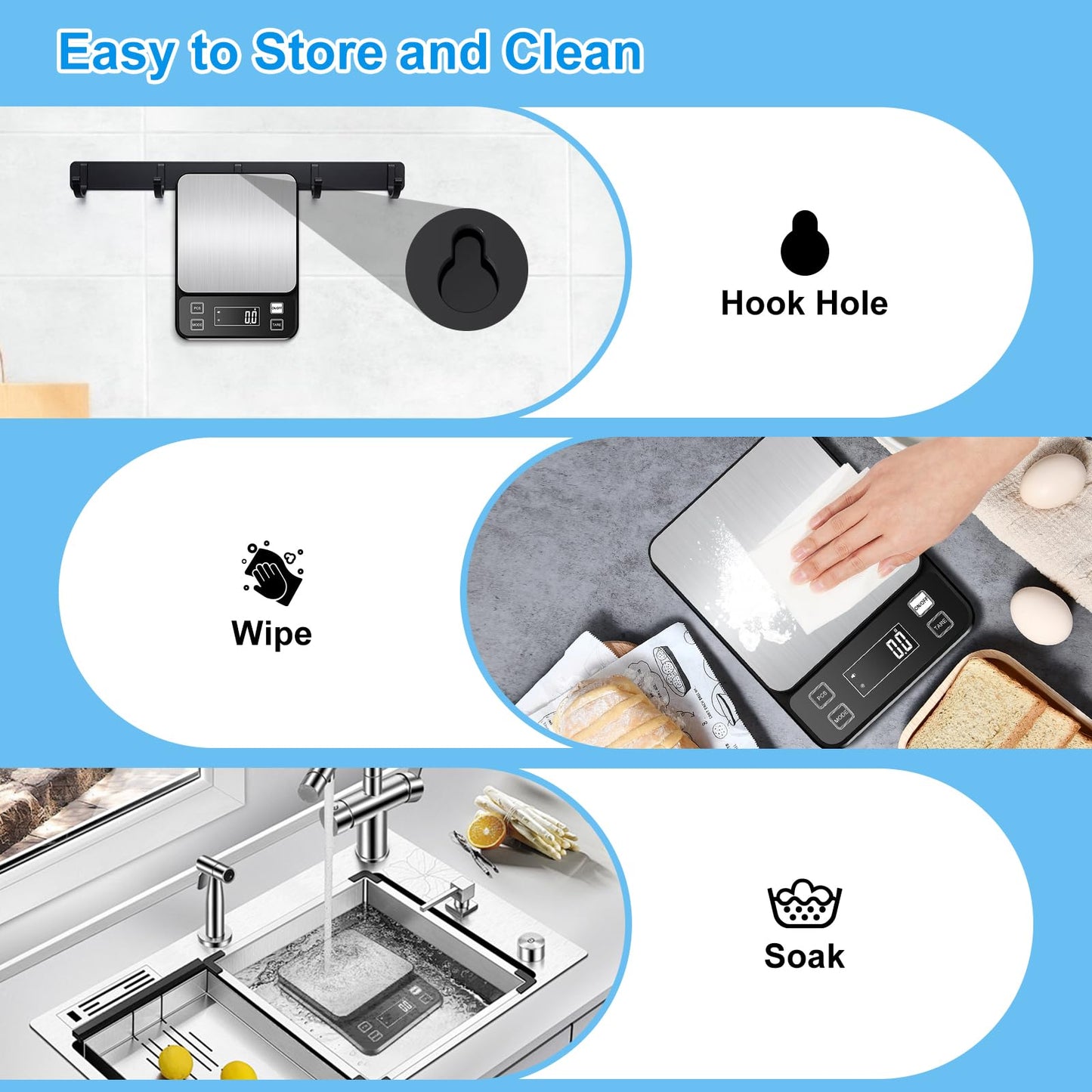 Rechargeable Food Scale, [0.1g-10kg/22lb] Diyife IP67 Full Waterproof Kitchen Scale with Adjustable LCD Display, 10 Units, Tare, PCS Counting, Auto Off, 304 Stainless Steel, Wall Mount for Cooking