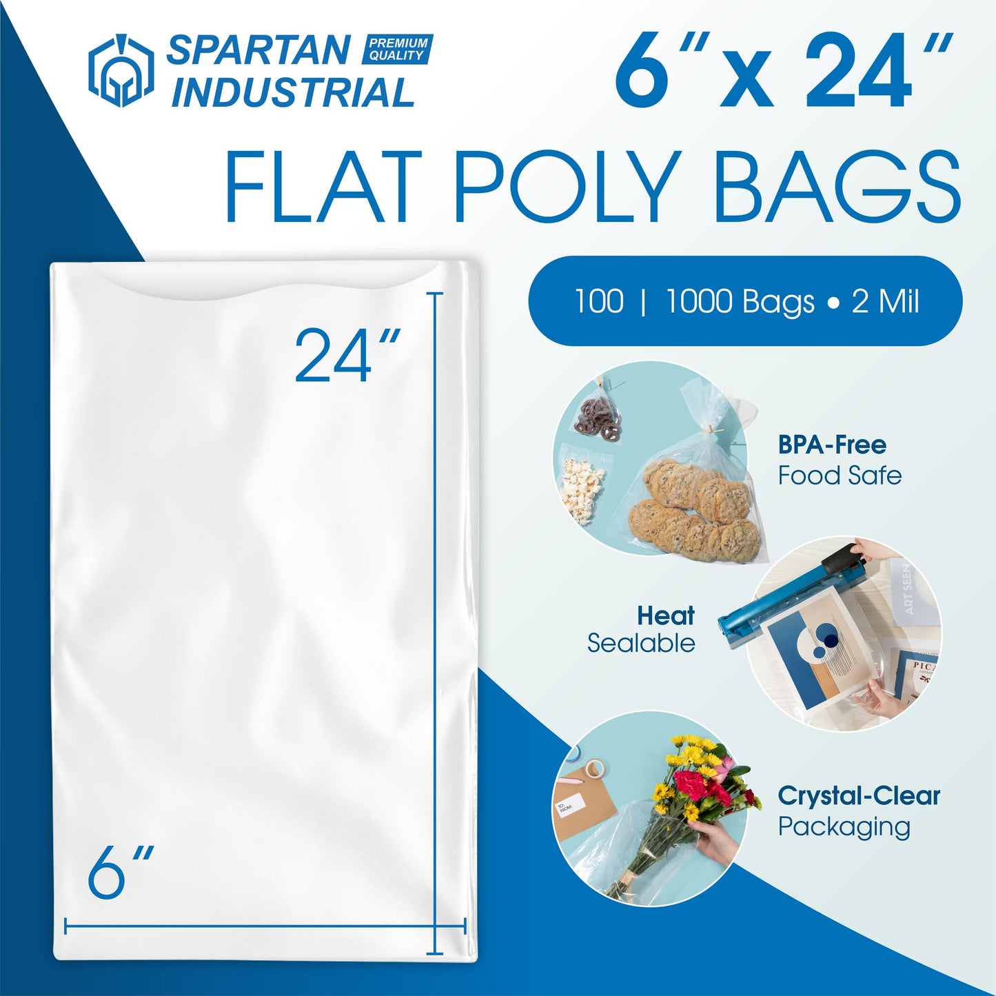 Spartan Industrial - 6” X 24” (100 Count) 2 Mil Heavy Duty Flat Open End Clear Plastic Poly Bags - For Wigs, Popcorn, Posters and More (Bags DO NOT Have Seal & DO NOT Have Prints)