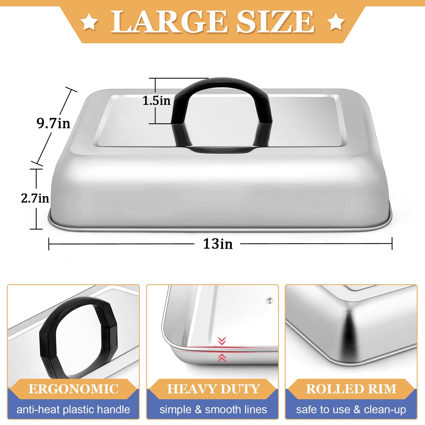Rectangle Cheese Melting Dome, HaSteeL Stainless Steel Basting Cover for Flat Top Griddle BBQ Steaming Grilling Cooking Indoor & Outdoor, Large 13In & Small 9.3In, Heavy Duty & Dishwasher Safe(2 Pcs)