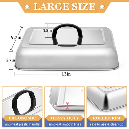 Rectangle Cheese Melting Dome, HaSteeL Stainless Steel Basting Cover for Flat Top Griddle BBQ Steaming Grilling Cooking Indoor & Outdoor, Large 13In & Small 9.3In, Heavy Duty & Dishwasher Safe(2 Pcs)