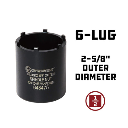 Powerbuilt Spindle Socket, 6 Outer Black, 6 Lug, Remove Spindle Nuts, 2-5 Inch Outer, Ford Chevy GMC Bronco Trucks - 648475