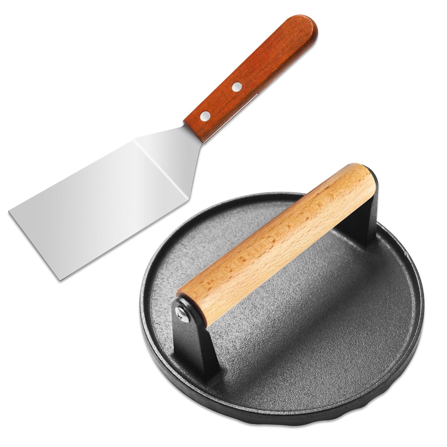 Cast Iron Smash Burger Press Kit, 7" Round Meat Press & 10" Large Spatula, Heavy Duty Hamburger Patty Maker for Griddle, Bacon, Sandwich, Steak, Compatible with Blackstone, Wooden Handle