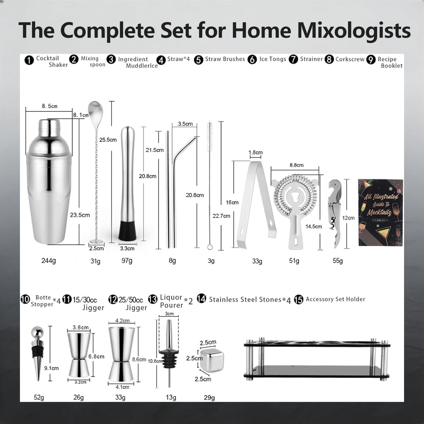Cocktail Shaker Set, 25-Piece Stainless Steel Bartender Kit with Acrylic Stand & Cocktail Recipes Booklet, Professional Bar Tools for Bar Accessories, Drink Mixing, Home, Party