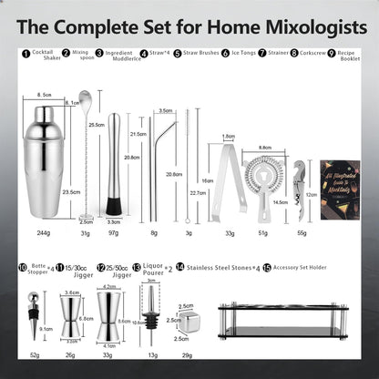 Cocktail Shaker Set, 25-Piece Stainless Steel Bartender Kit with Acrylic Stand & Cocktail Recipes Booklet, Professional Bar Tools for Bar Accessories, Drink Mixing, Home, Party
