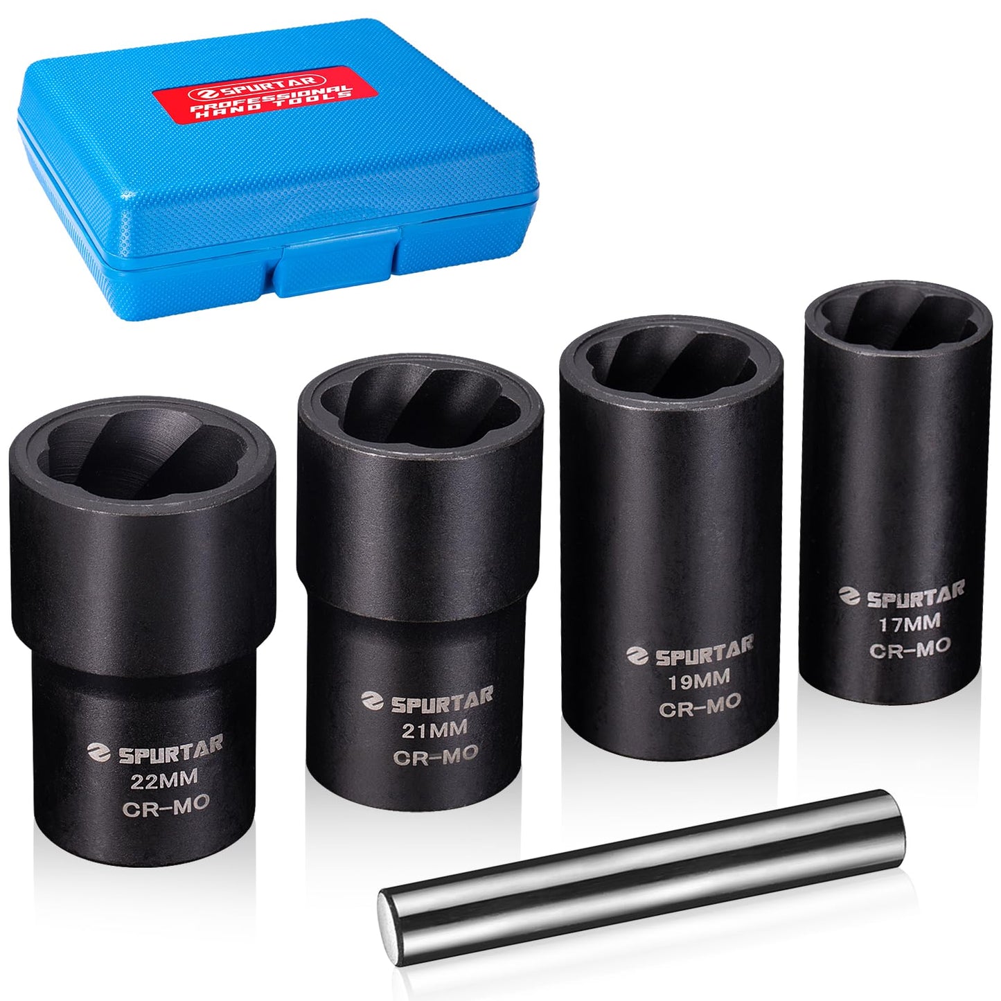 Spurtar 5 Pcs Wheel Lock Removal Kit, Locking Lug Nut Removal Tool Lug Nut Extractor Set Twist Socket Set for Removing Damaged, Dead, Rusted, Rounded-Off Bolts, Nuts & Screws-17MM,19MM, 21MM, 22MM