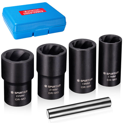 Spurtar 5 Pcs Wheel Lock Removal Kit, Locking Lug Nut Removal Tool Lug Nut Extractor Set Twist Socket Set for Removing Damaged, Dead, Rusted, Rounded-Off Bolts, Nuts & Screws-17MM,19MM, 21MM, 22MM