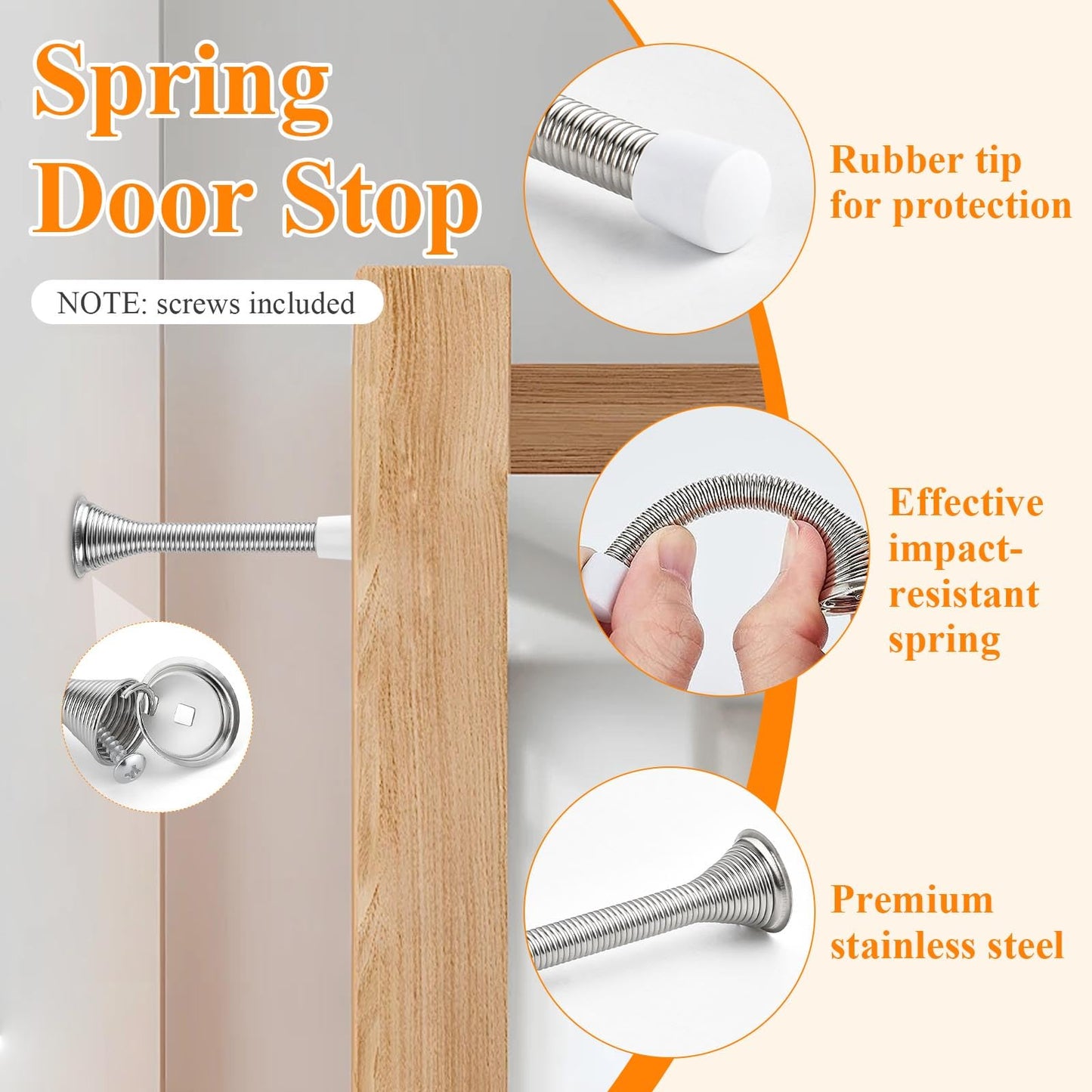Supkiir 24Pcs Silver Spring Door Stoppers, Stainless Steel Door Stop Wall Protector, Wall Mounted Threaded Flexible Doorstops with Rubber Bumper Baseboard for Home