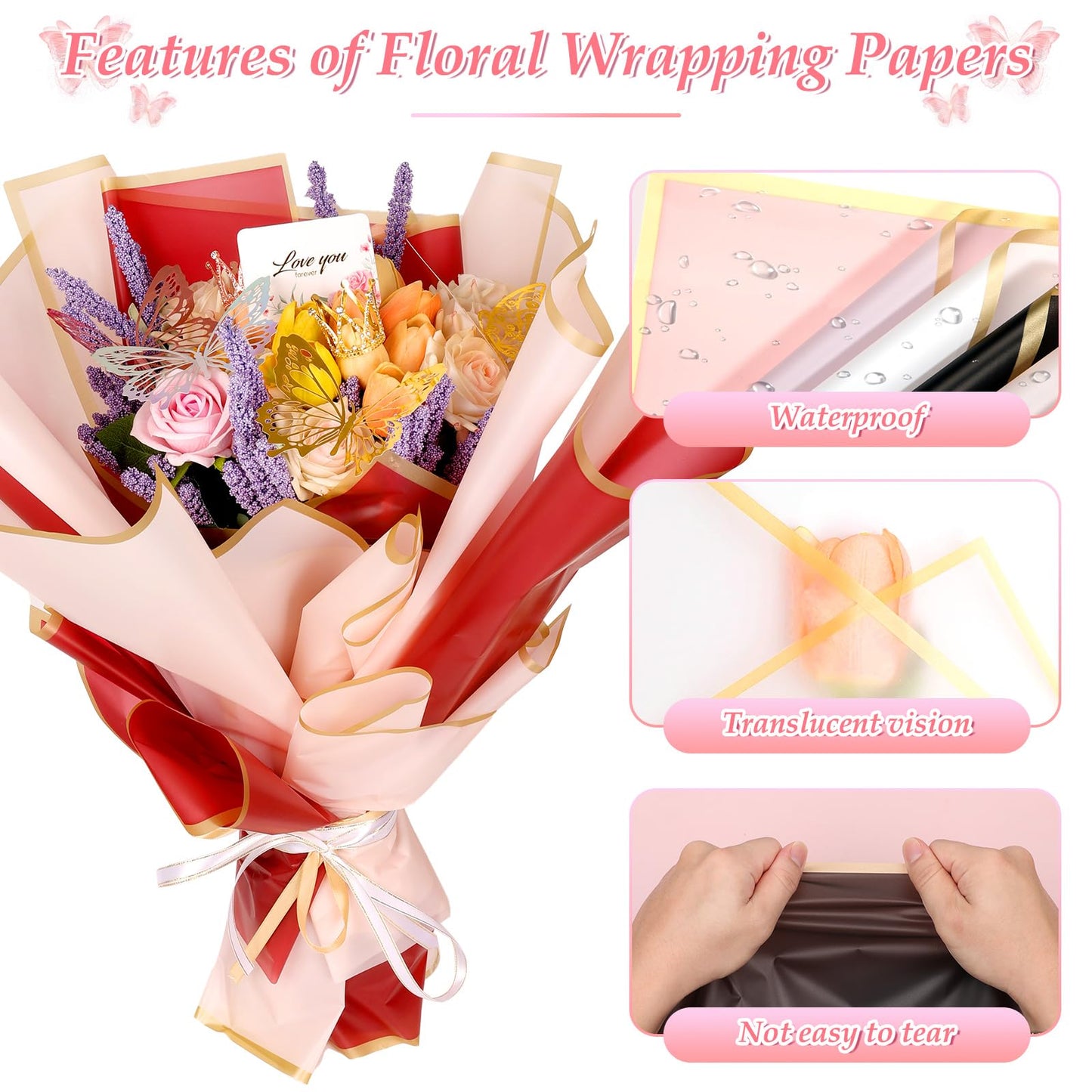 311 PCS Flower Wrapping Paper Bouquet Kit, 30 Sheets Waterproof Floral Wrapping Paper With Ribbons, Flower Pearl Pins, Bamboo Skewers, 3D Butterflies Crowns for Florist Craft Mother's Day Birthday