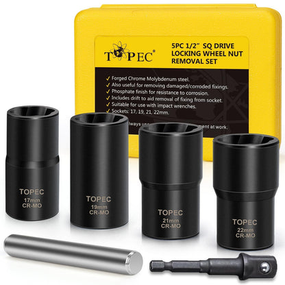 Topec 6PCS Lug Nut Removal Tool, 1/2-Inch Drive Wheel Lock Removal Kit, 17,19,21,22mm Stripped Lug Nut Remover, Extractor Socket Set for Broken, Damaged, Rounded Bolts