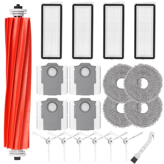Accessories Kit for Roborock Qrevo S/Qrevo Pro/Qrevo Plus/Qrevo MaxV Robot Vacuum Cleaner Replacement Parts. 1 Main Roller Brush, 4 Hepa Filters, 4 Mop Pads, 6 Side Brushes, 4 Dust Bags, 1 Brush