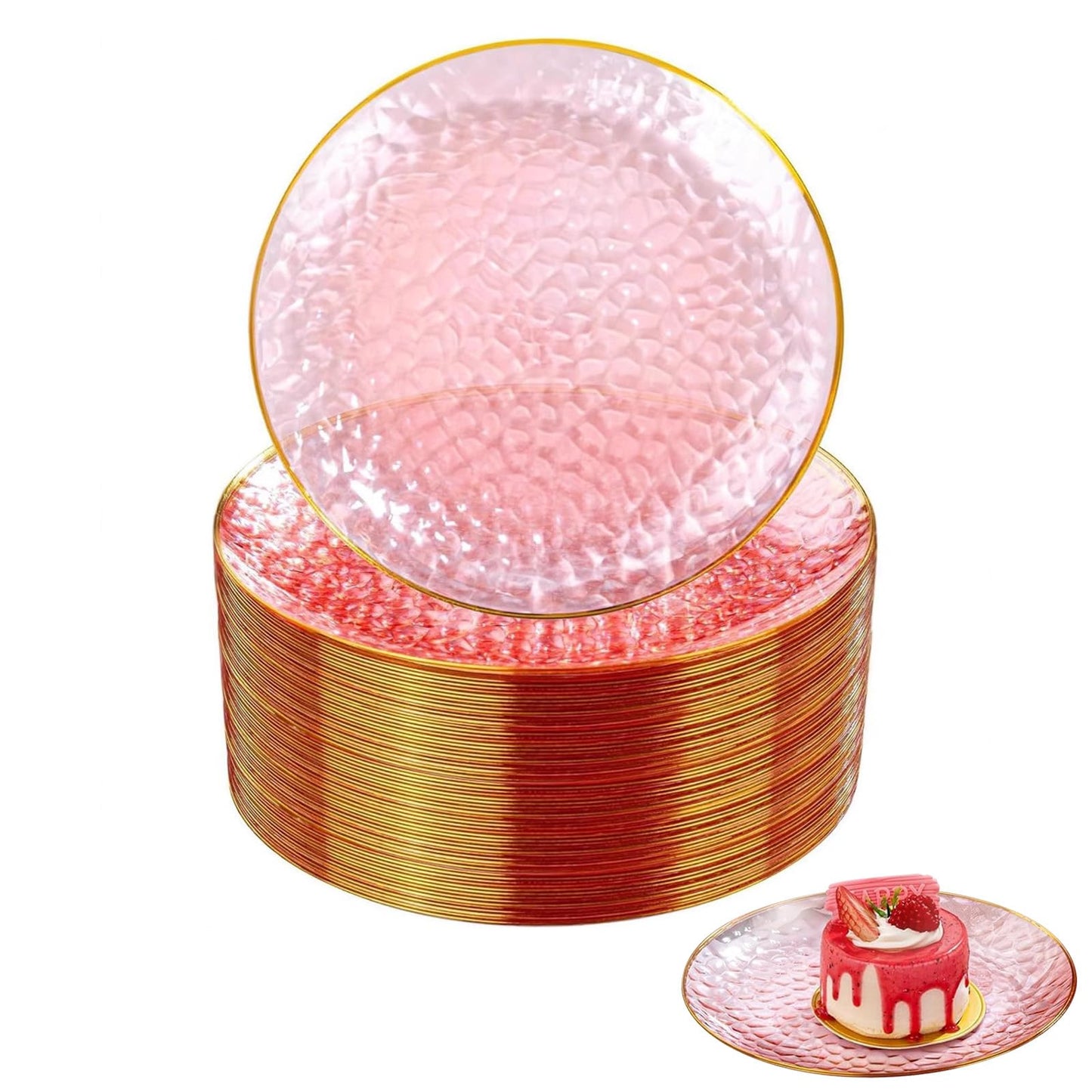 Auch 30 Pack Hammered Plastic Plates Heavyweight Disposable Plastic Plates Elegant Clear Rim Platsic Party Dishes, Hammered Pink with Gold Rim, 7.5 Inch Plates