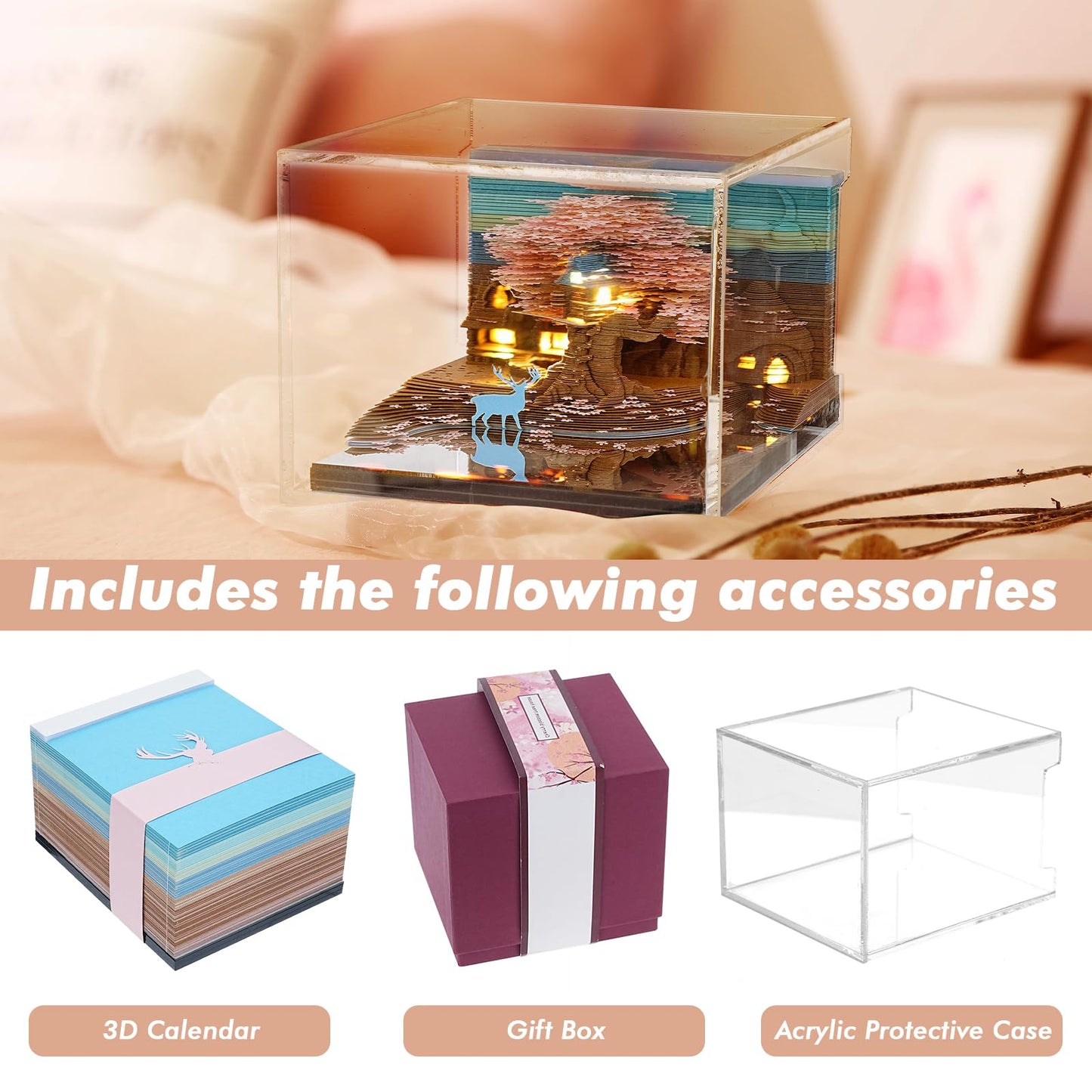 3D Calendar 2026 Memo Pad Time Piece Calendar Elk Sakura Tree House Paper Art Notepad Carving Gift Desk Decor, Art Desk Calendar DIY Notes with LED Lights/Case, Craft Sculpture Home Office Decoration