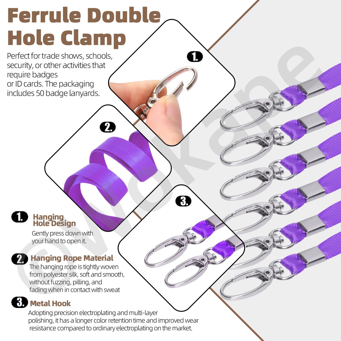 Wokape 50pcs Approx 16 Inch Purple Nylon Lanyards Bulk with Swivel Hooks for Id Badges
