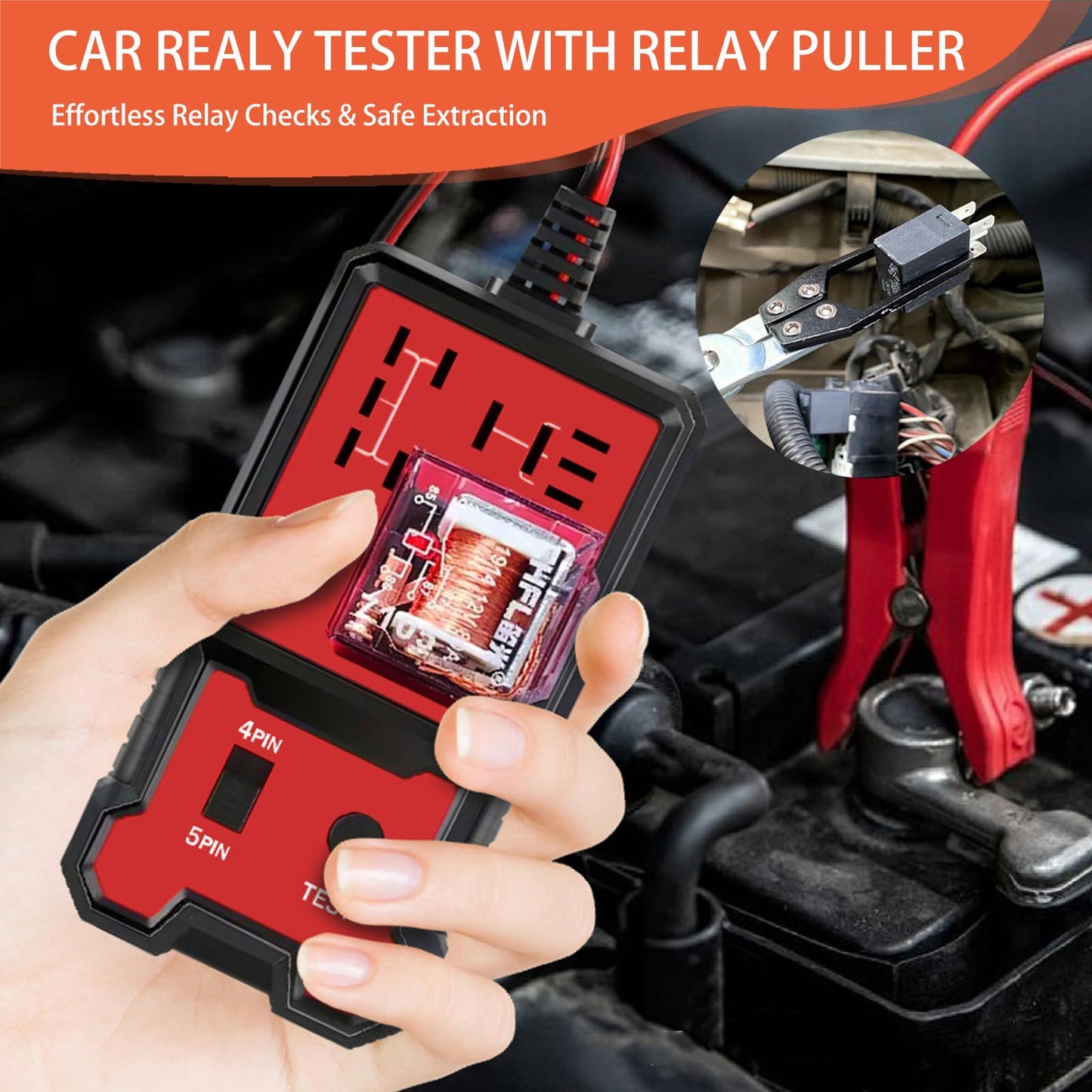 Automotive Relay Tester with Relay Puller - 12V Car Relay Tester Diagnostic Tool, Handheld 4 & 5 Pin Auto Relay Testing Kit, Car Battery Relay Detector Checker with Battery Clips for Auto Repair