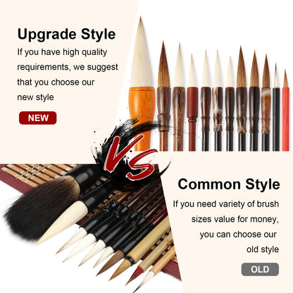 Corciosy Shanlian Hubi Writing Brush Watercolor Chinese Calligraphy Brush Set Kanji Japanese Sumi Painting Drawing Brushes 10 piece/set+Roll-up Bamboo Brush Holder