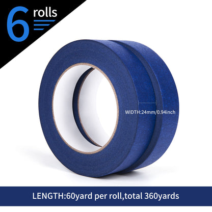 TAPEBEAR Blue Masking Tape, Painters Tape 24mm x 55m, UV Anti Residue Free Blue Tape, Wall Painting Masking Tape with Sharp Lines for Painting,Paint Tape, Outdoor, 6Rolls