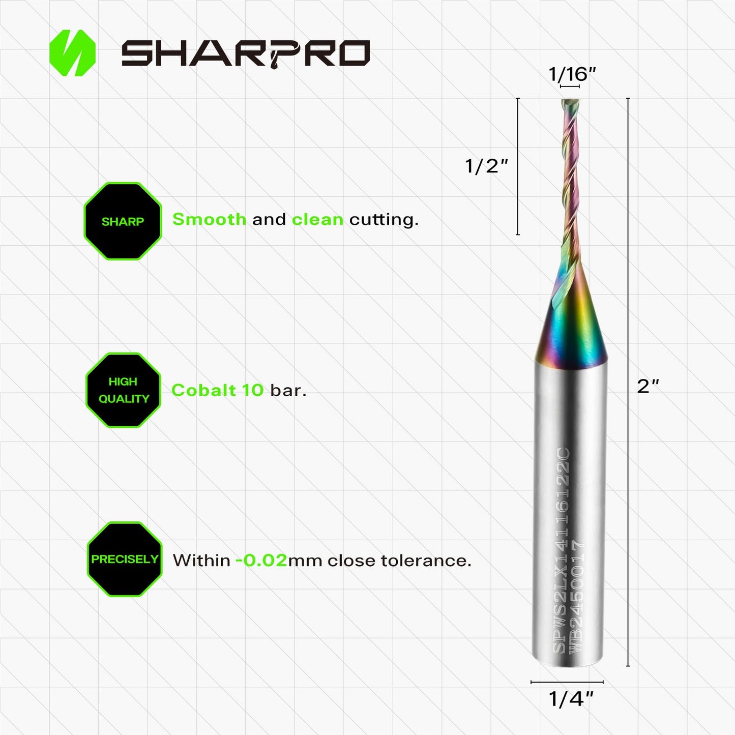SHARPRO Spiral UpCut Router Bits 1/4 Shank, 1/16 Inch Router Bit 1/4 Shank, Plastic Cutting Router Bit, 2 Flute CNC Router Bits,Slot, Mortise，1/2 Inch CL 2 Inch OVL(Coating)