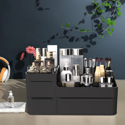 Black Plastic Vanity Makeup Organizer, 6-Compartment Holder for Brushes, Eyeshadow Palettes, & Beauty Supplies, Easy to use with drawer organizer tray