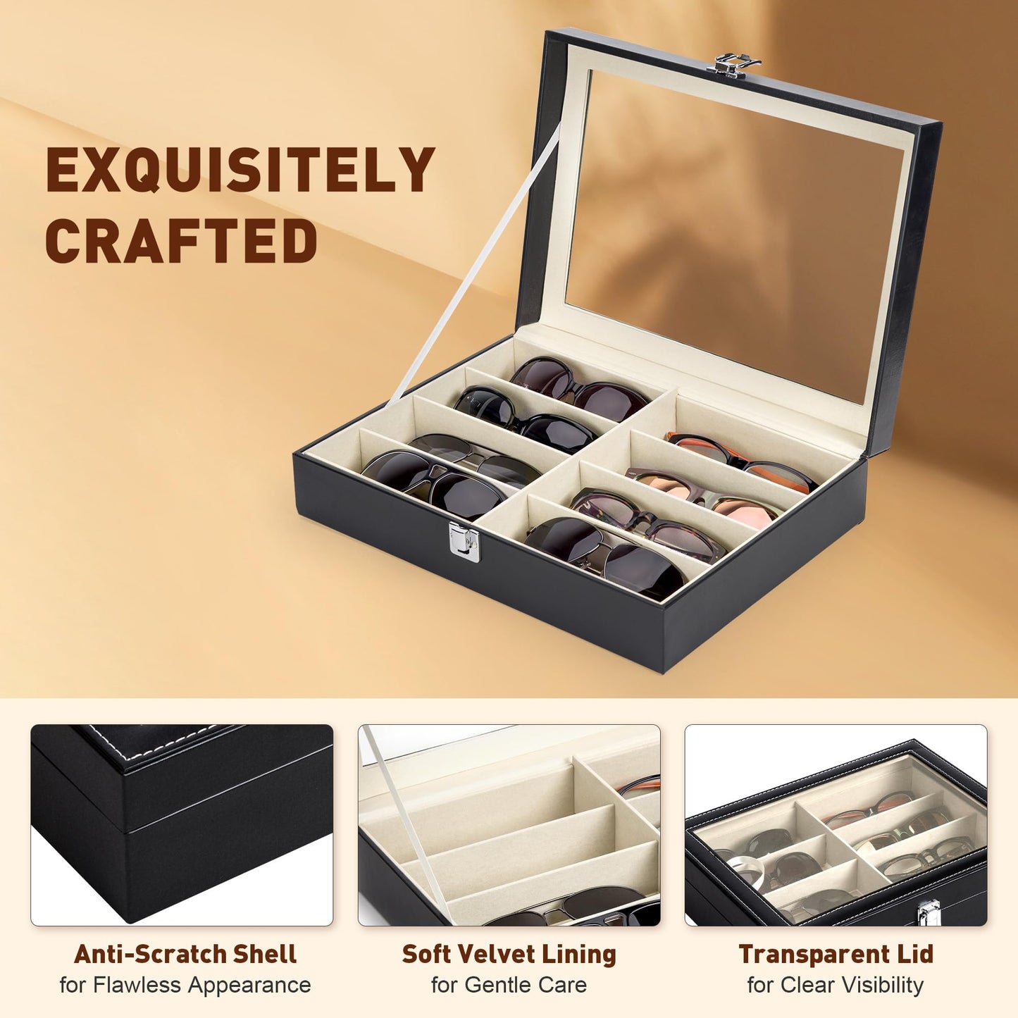 CO-Z Leather Multi Sunglasses Organizer Box for Women Men, Eyeglasses Eyewear Display Case, Sunglass Glasses Storage Box (8 Slot)
