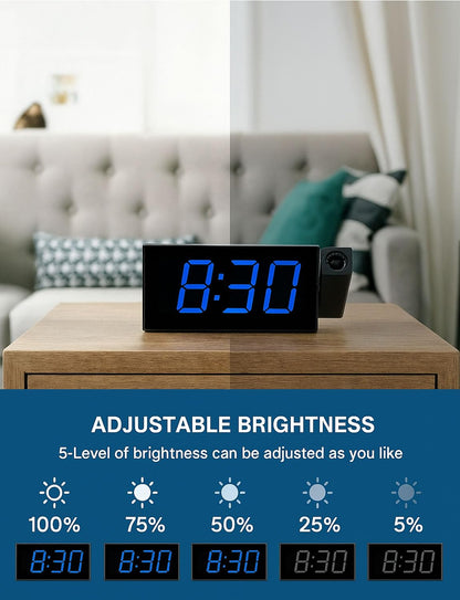 Projection Alarm Clock with USB Charging, 180° Rotating Projector (Up to 11ft), Dual Alarms, 5-Level Dimmer, 12/24H, DST, Snooze Function - Ideal for Heavy Sleepers, Seniors & Kids