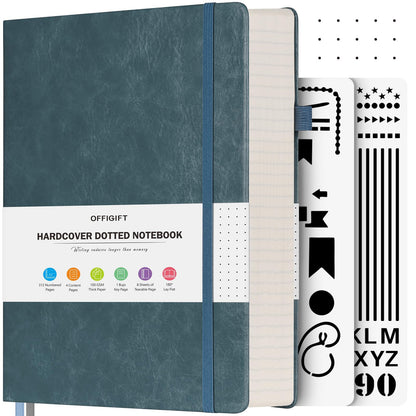 Bullet Dotted Journal Notebook, 312 Numbered Pages A5 Hardcover Leather Journal, 100gsm No Bleed Paper Dot Grid Notebook with Index Pages, Dot Journal for Women Men, 5.75" x 8.38", Grey Blue