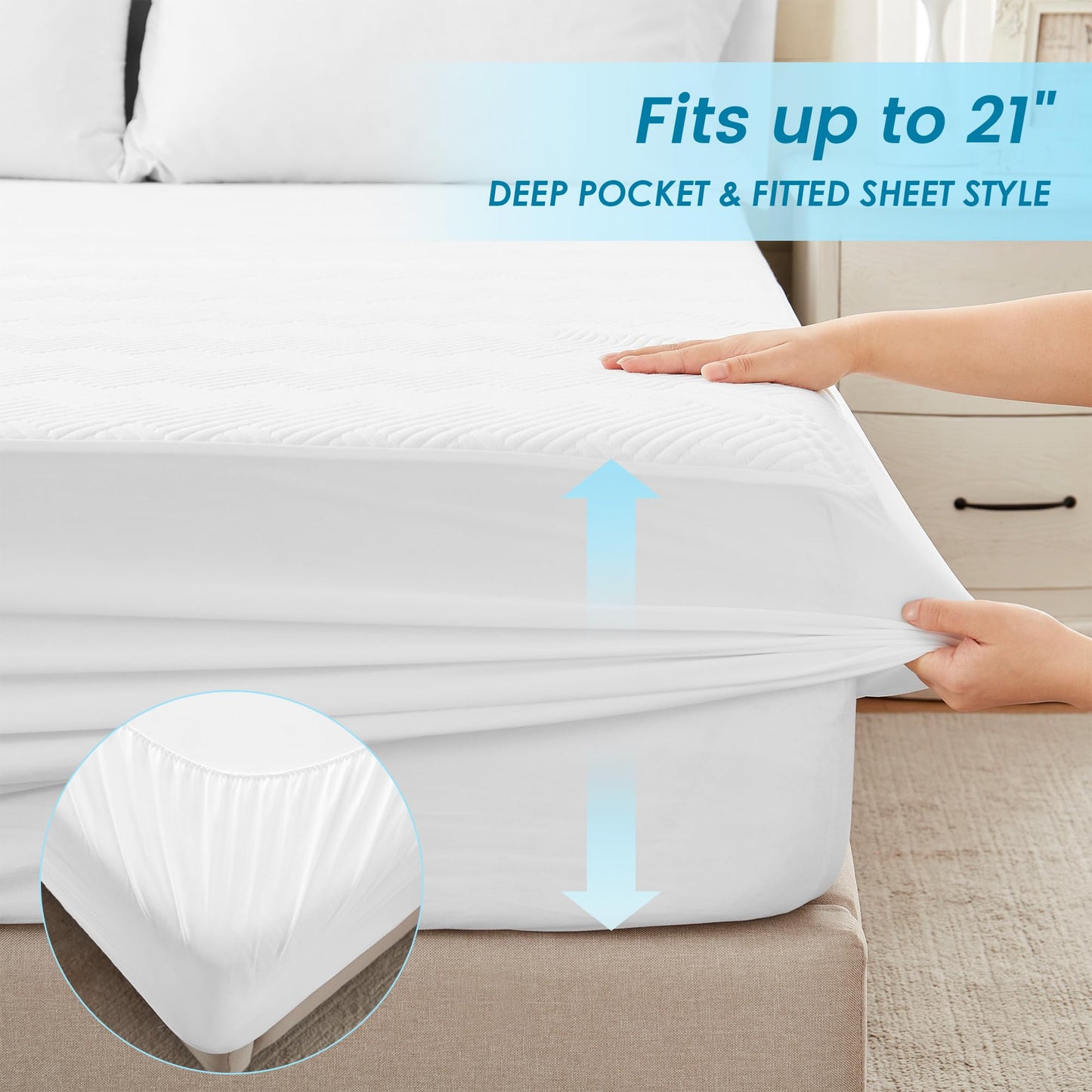 Cozymaker Queen Mattress Protector, Cooling Viscose from Bamboo Mattress Cover Fitted 8"-21" Deep Pocket, 100% Waterproof Soft Breathable Mattress Pad Protector Noiseless Washable