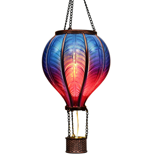 TERESA'S COLLECTIONS Hot Air Balloon Solar Lantern for Garden Decor, Flickering Flame Hanging Solar Light for Outdoor Decorations, Blue & Purple Plastic Lamp for Yard Tree Porch Party, Gift for Mom