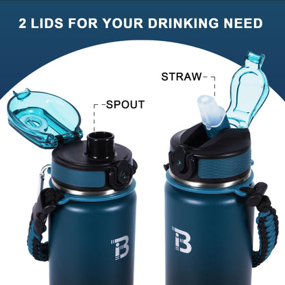 TOPBADE Insulated Water Bottle with 2 Lids(with Straw/No Straw), 24oz Stainless Steel Water Bottle,BPA-free and Leak-proof,Double Wall Vacuum Water Flask for School,Gifts for Boys and Girls