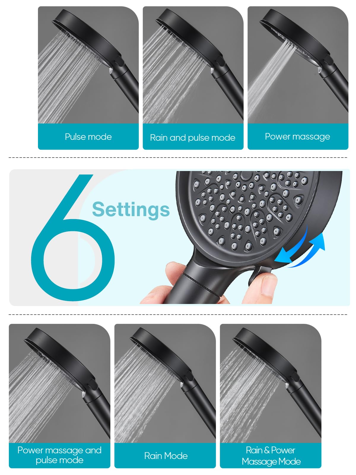 Cobbe Handheld Showerhead with Filter, High Pressure 6 Spray Pattern Showerhead with Holder, Hose and Water Softener Filters Beads for Hard Water Dechlorination, Black