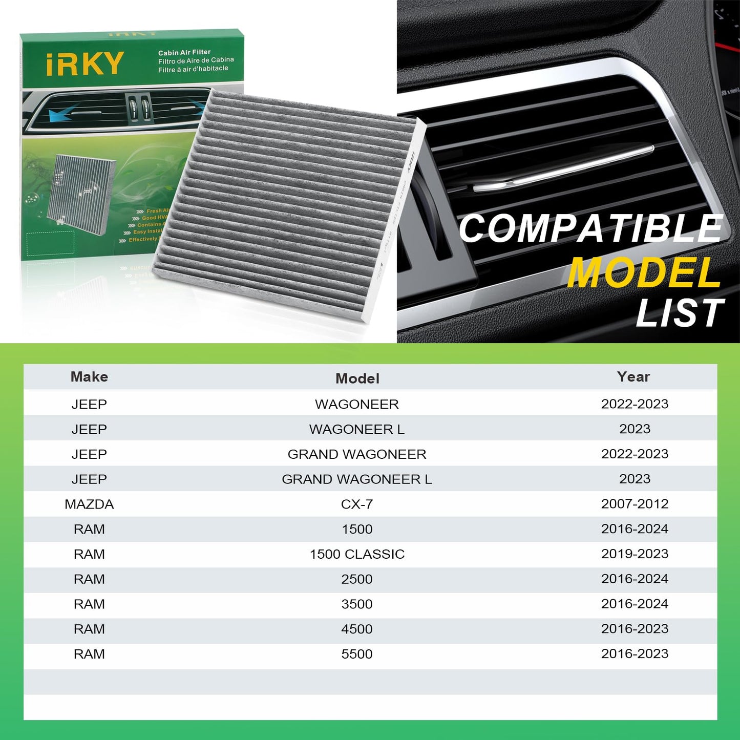 CF11671 Cabin Air Filter Replacement CP671 Compatible with RAM 1500/2500/3500 2016-2024,1500 CLASSIC/4500/5500 2016-2023;Jeep Wagoneer 2022-2023;Mazda CX-7 2007-2012 includes Activated Carbon 3 Packs
