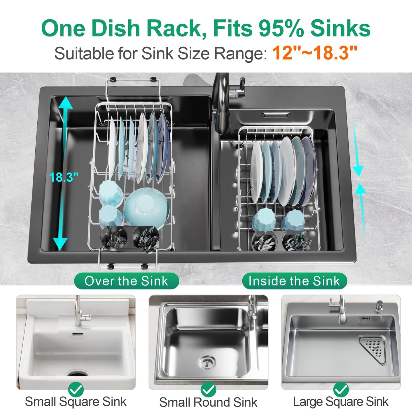 GSlife Small Sink Dish Drying Rack - Stainless Steel Capacity Extendable Narrow Dish Drainer for RV Sink Apartment Kitchen, 30.2-42.4 L x 22.9 W x 14.5 H cm, Silver
