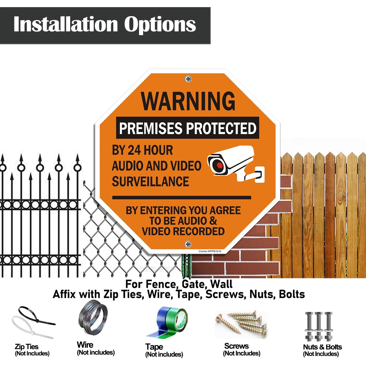 Clotide Warning Premises Protected By 24 Hour Audio And Video Surveillance By Entering You Agree To Be Audio & Video Recorded Sign, 2 Pack 12 ”x12 ” Aluminum Sign