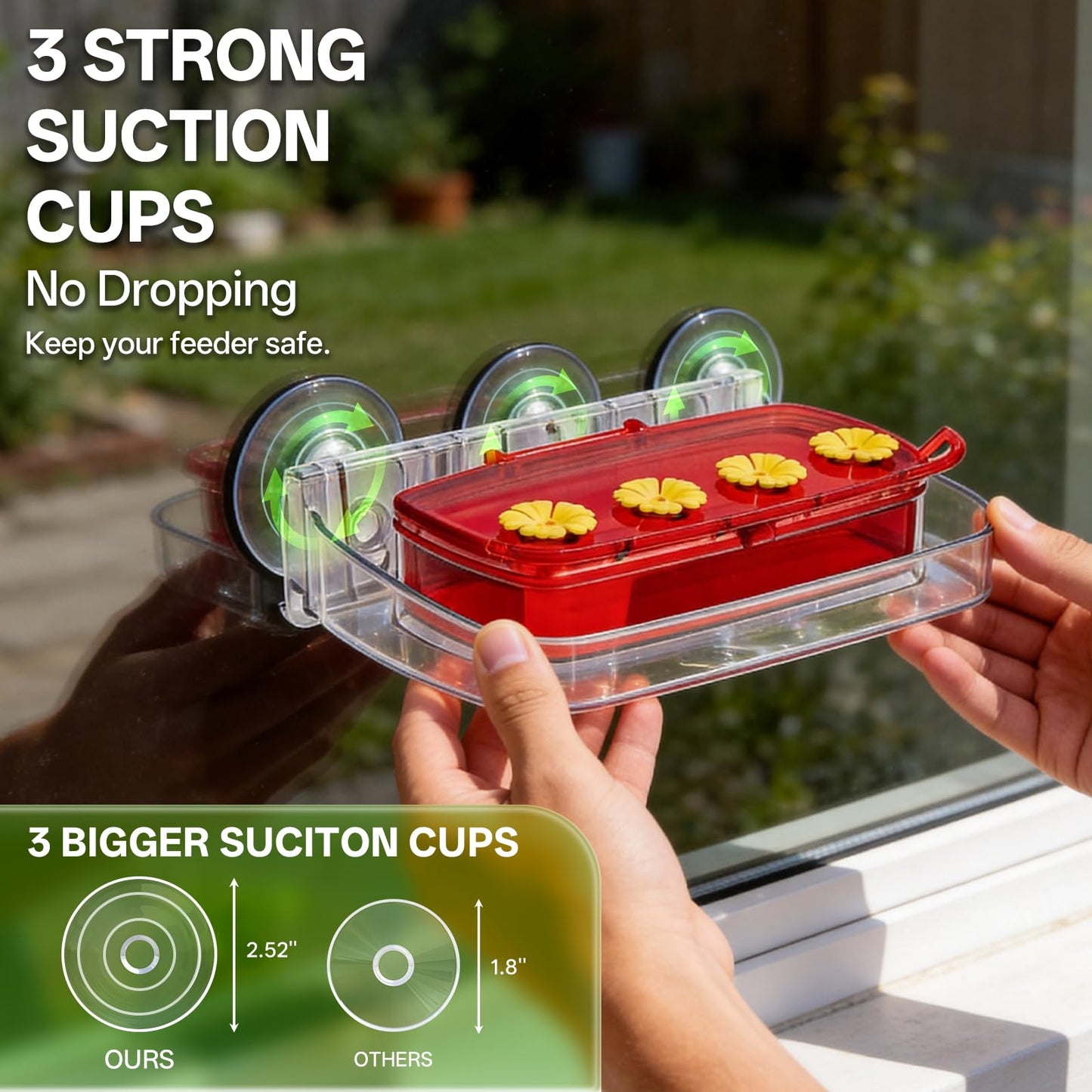 2 Pack Window Hummingbird Feeder with Strong Suction Cup, Plastic Hummingbird Feeders for Outdoors, Built-in Moat,Easy to Clean and Refil (10oz) (2, Red)