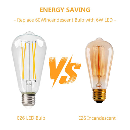 Vintage Edison Bulbs, 60 watt Equivalent, Non-Dimmable, High Brightness Warm White 2700K, 6W,ST58 Antique LED Filament Bulbs with 85+ CRI, E26 Medium Base Led Lights for Bedroom（6 Pack）