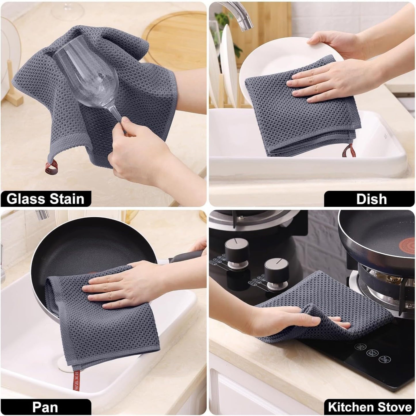 smiry Cotton Kitchen Dish Towels Set– 4 Pack 12x12 Inch & 4 Pack 13x28 Inch Kitchen Towels, 8 Pieces in Total, Ultra Soft Absorbent Quick Drying Dish Cloths Tea Towels, Dark Grey