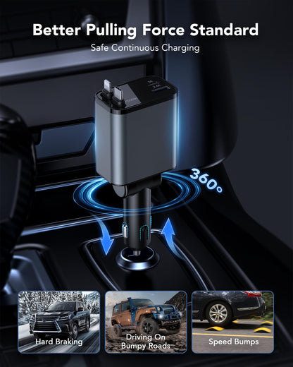 69W Retractable Car Charger, 4-in-1 Fast Car Phone Charger with 2.6ft Two Retractable Cables and USB C+USB A Car Charger Block Cube, Compatible with iPhone 16 15 14 13 12 Pro Max Plus,Galaxy,Pixel