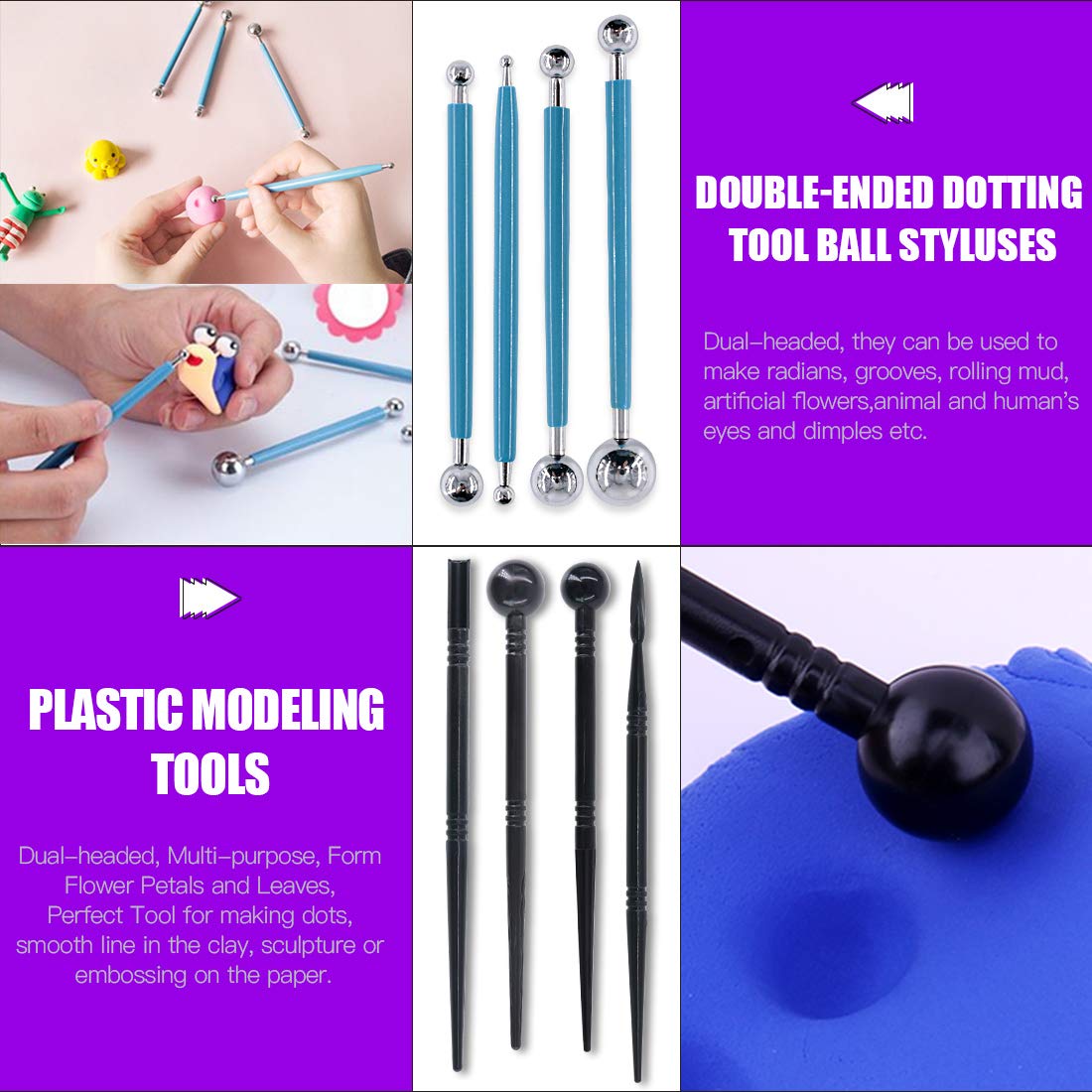 Swpeet 30Pcs Modeling Clay Sculpting Tools Kits, Ball Stylus Tool Handle Double-Sided Set Dual-End Dotting Tools Plastic Ball Rod Stylus Modeling Tools, Clay Roller, Clay Scarpe