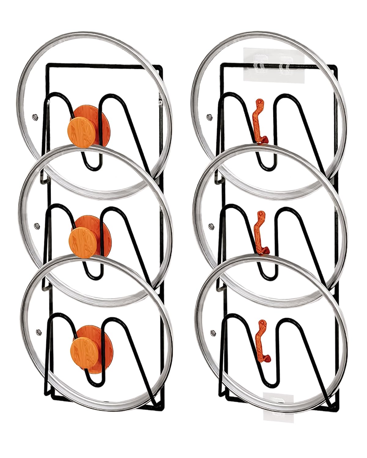 2 Pack Pot Lid Organizer Rack, 6-Tier V-Wall Pot Lid Holder, No Drilling Adhesive Cabinet Door/Wall Mounted Pot Cover Rack, Kitchen Shelf for Pots and Pans (Black)